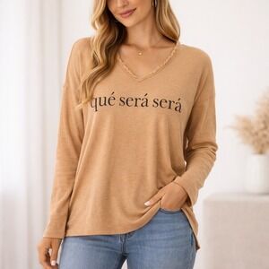 Milio Milano Graphic Top Women M Tan Que Sera Sera Italian Cotton Boho Style